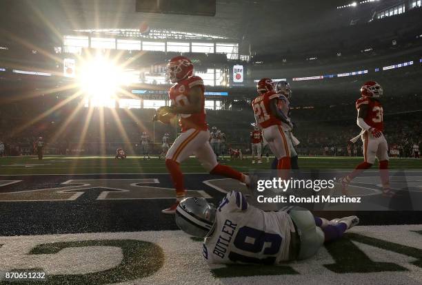 Brice Butler of the Dallas Cowboys drops a pass in the endzone against the Kansas City Chiefs in the second quarter at AT&T Stadium on November 5,...