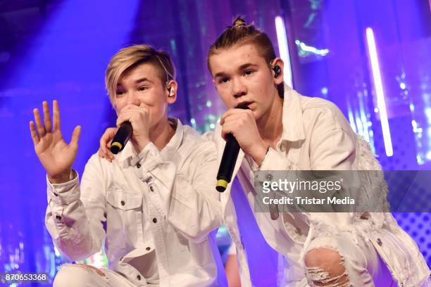 Singer Marcus Gunnarsen and Martinus Gunnarsen perform during the GLOW - The Beauty Convention at Station on November 4, 2017 in Berlin, Germany.