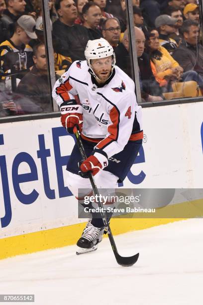 Taylor Chorney of the Washington Capitals skates against the Boston Bruins at the TD Garden on November 4, 2017 in Boston, Massachusetts.