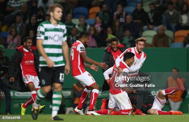 Braga midfielder Danilo Silva from Brazil celebrates with teammates after scoring a goal during the Primeira Liga match between Sporting CP and SC...