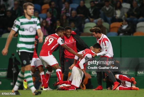 Braga midfielder Danilo Silva from Brazil celebrates with teammates after scoring a goal during the Primeira Liga match between Sporting CP and SC...