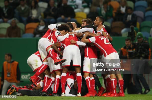 Braga midfielder Danilo Silva from Brazil celebrates with teammates after scoring a goal during the Primeira Liga match between Sporting CP and SC...