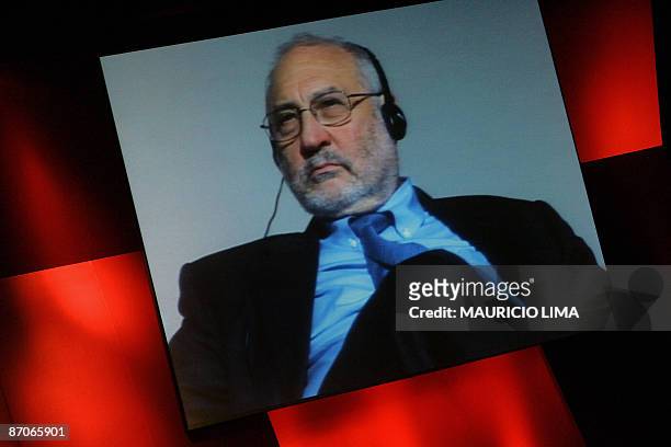 Screen displays the image of Nobel Prize for Economy 2001 laureate Joseph Stiglitz during a seminar to discuss the future ahead of the global...