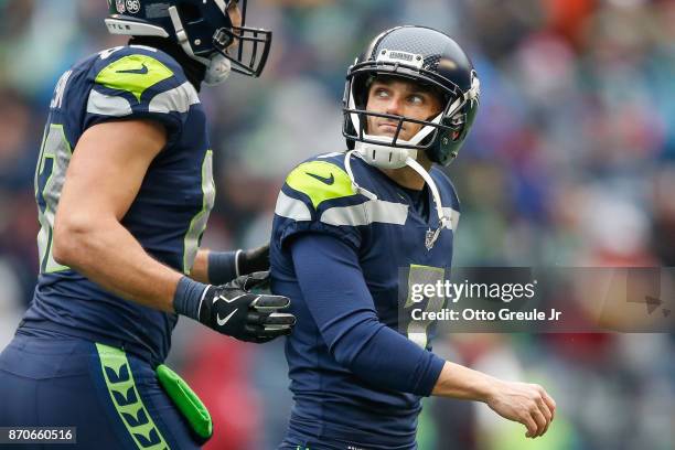 Kicker Blair Walsh of the Seattle Seahawks reacts after missing his third field goal of the first half against the Washington Redskins at CenturyLink...