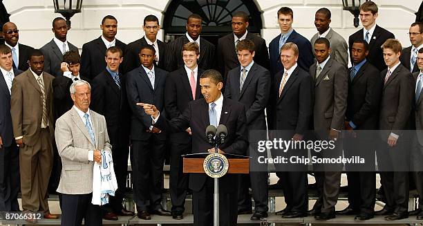 President Barack Obama delivers remarks while welcoming the University of North Carolina Men's basketball team and their head coach Roy Williams to...