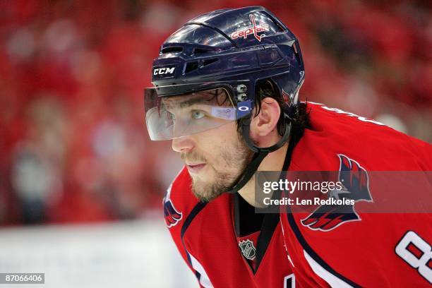 Alex Ovechkin of the Washington Capitals looks on prior to a face off against the Pittsburgh Penguins during Game Five of the Eastern Conference...