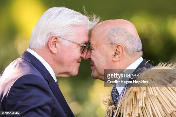 German President Frank-Walter Steinmeier is greeted with a hongi by Kaumatua, Dr Piri Sciascia during a State Ceremony of Welcome at Government House...
