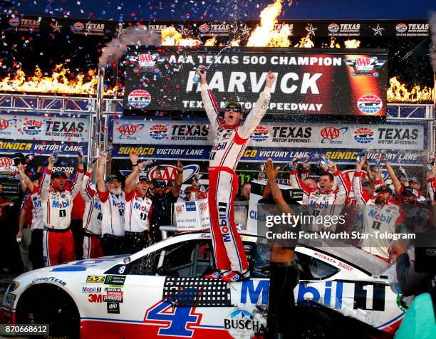 Kevin Harvick arrives in Victory Lane after winning the Texas AAA 500 at Texas Motor Speedway on Sunday, Nov. 5, 2017. Harvick took the lead in the...