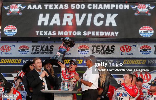 Kevin Harvick celebrates his win of the Texas AAA 500 at Texas Motor Speedway on Sunday, Nov. 5, 2017. Harvick took the lead in the last 10 laps.