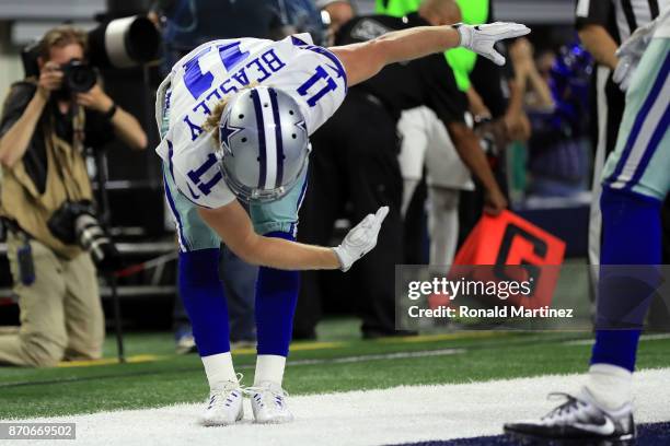 Cole Beasley of the Dallas Cowboys celebrates a fourth quarter touchdown against the Kansas City Chiefs in a football game at AT&T Stadium on...