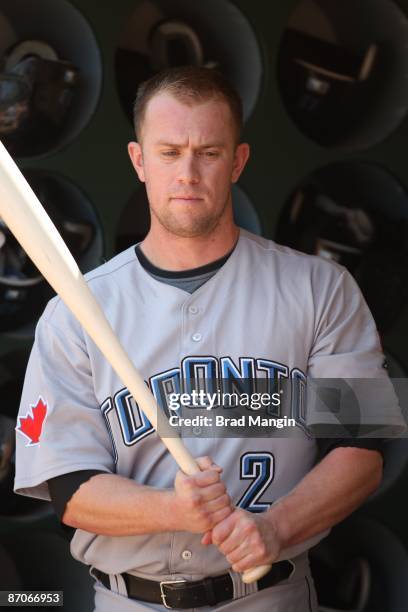 Aaron Hill of the Toronto Blue Jays gets ready in the dugout before the game against the Oakland Athletics at the Oakland-Alameda County Coliseum on...