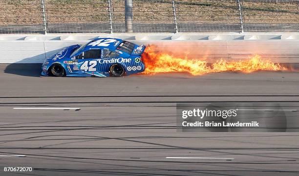 Kyle Larson, driver of the Credit One Bank Chevrolet, is involved in an on-track incident during the Monster Energy NASCAR Cup Series AAA Texas 500...