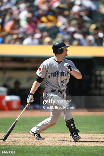 Adam Lind of the Toronto Blue Jays bats against the Oakland Athletics during the game at the Oakland-Alameda County Coliseum on May 9, 2009 in...