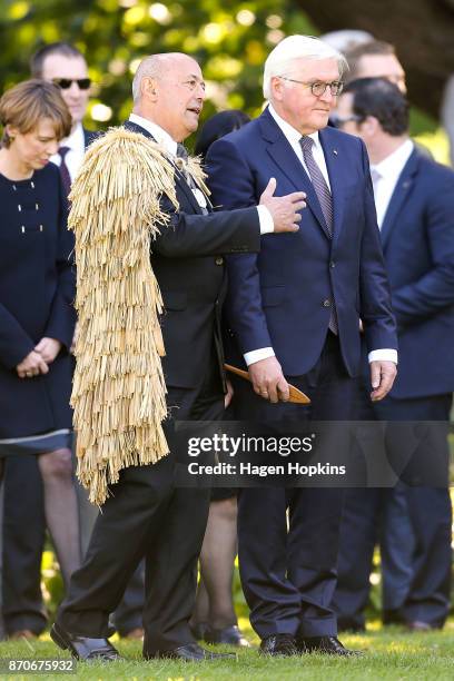 German President Frank-Walter Steinmeier is greeted by Kaumatua, Dr Piri Sciascia during a State Ceremony of Welcome at Government House on November...