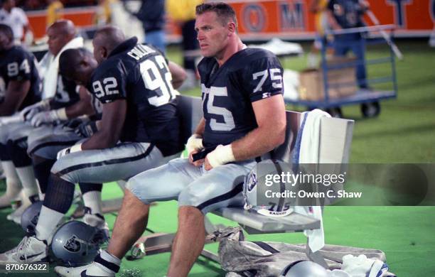 Howie Long of the Los Angeles Raiders against the Los Angeles Rams at Anaheim Stadium circa 1994 in Anaheim,California.