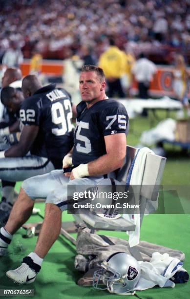 Howie Long of the Los Angeles Raiders against the Los Angeles Rams at Anaheim Stadium circa 1994 in Anaheim,California.