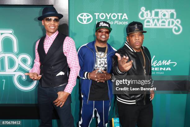 Ronnie DeVoe, Ricky Bell, and Michael Bivins of Bell Biv DeVoe attend the 2017 Soul Train Awards, presented by BET, at the Orleans Arena on November...