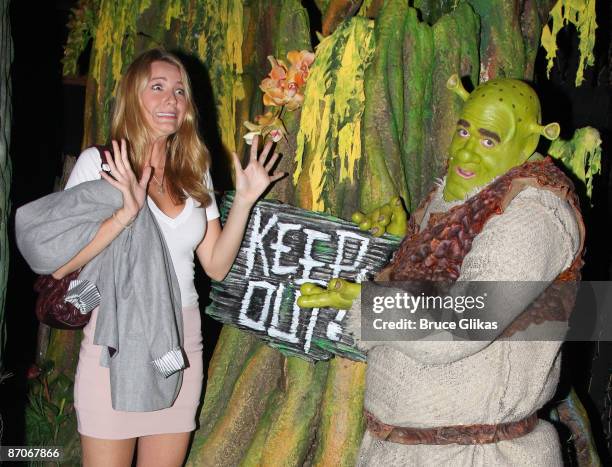 Blake Lively visits Brian d'Arcy James as "Shrek" at "Shrek The Musical" at the Broadway Theatre on May 10, 2009 in New York City.