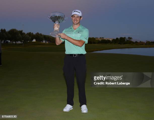 Patrick Cantlay poses with the winner's trophy after winning the Shriners Hospitals For Children Open at the TPC Summerlin on November 5, 2017 in Las...