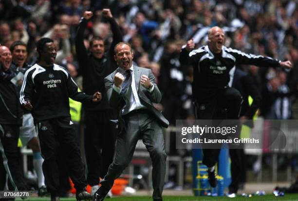 Newcastle United Manager Alan Shearer celebrates his team's third goal during the Barclays Premier League match between Newcastle United and...