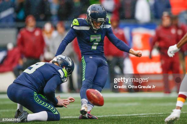 Kicker Blair Walsh of the Seattle Seahawks misses a field goal in the first quarter against the Washington Redskins at CenturyLink Field on November...
