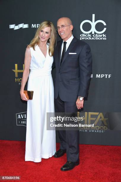 Actor Holly Hunter and producer Jeffrey Katzenberg attend the 21st Annual Hollywood Film Awards at The Beverly Hilton Hotel on November 5, 2017 in...