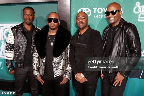 Quinnes 'Q' Parker, Michael Mike Keith, Marvin Slim Scandrick, and Daron Jones of 112 attend the 2017 Soul Train Awards, presented by BET, at the...