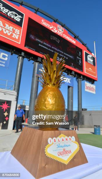 The Island Showdown Trophy is shown before a game between the UNLV Rebels and the Hawaii Warriors at Sam Boyd Stadium on November 4, 2017 in Las...