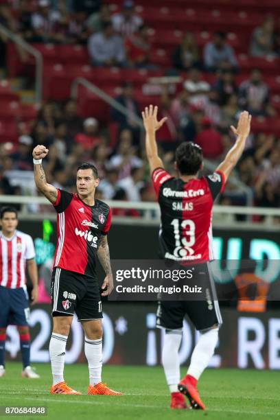 Milton Caraglio of Atlas celebrates after scoring the first goal of his team during the 16th round match between Chivas and Atlas as part of the...