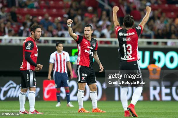 Milton Caraglio of Atlas celebrates after scoring the first goal of his team during the 16th round match between Chivas and Atlas as part of the...