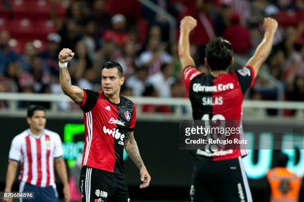 Milton Caraglio of Atlas celebrates after scoring the first goal of his team during the 16th round match between Chivas and Atlas as part of the...