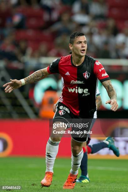 Milton Caraglio of Atlas celebrates after scoring the second goal of his team during the 16th round match between Chivas and Atlas as part of the...