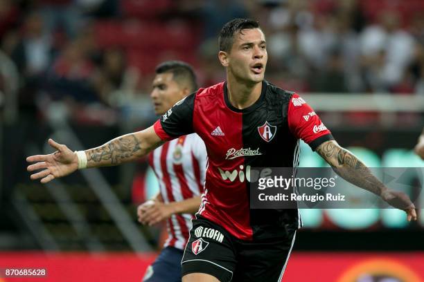 Milton Caraglio of Atlas celebrates after scoring the second goal of his team during the 16th round match between Chivas and Atlas as part of the...