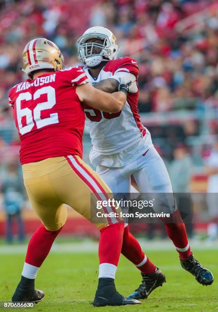 Arizona Cardinals outside linebacker Chandler Jones is met by San Francisco 49ers offensive tackle Erik Magnuson during the regular season game...