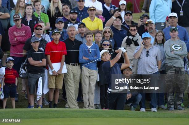 Whee Kim of South Korea hits a shot out of the rough on the 18th and first extra hole during the final round of the Shriners Hospitals For Children...