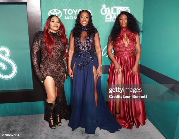 Leanne 'Lelee' Lyons, Cheryl Coko Clemons, and Tamara Taj Johnson-George of SWV attend the 2017 Soul Train Awards, presented by BET, at the...