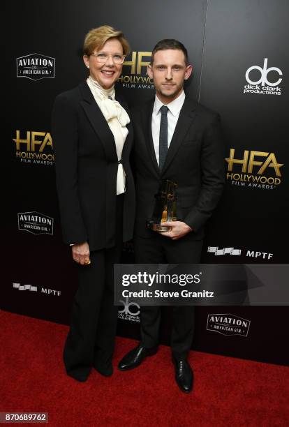Actor Annette Bening poses with honoree Jamie Bell, recipient of the New Hollywood Actor Award for 'Film Stars Don't Die in Liverpool,' in the press...