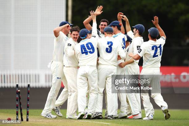 Mitchell Starc of the Blues celebrates with his Blues team after bowling Simon Mackin of the Warriors to take a hat-trick during day three of the...