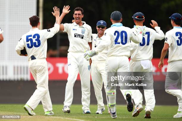 Mitchell Starc of the Blues celebrates with his Blues team after bowling Simon Mackin of the Warriors to take a hat-trick during day three of the...