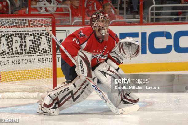 Simeon Varlamov of the Washington Capitals prepares for a save during Game Five of the Eastern Conference Semifinals of the 2009 NHL Stanley Cup...