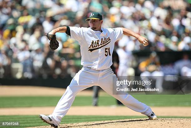 Dallas Braden of the Oakland Athletics pitches against the Toronto Blue Jays during a Major League Baseball game on May 10, 2009 at the Oakland...