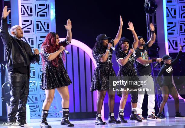 God, Leanne 'Lelee' Lyons, Cheryl 'Coko' Gamble, and Tamara 'Taj' Johnson of SWV, and Method Man perform onstage at the 2017 Soul Train Awards,...