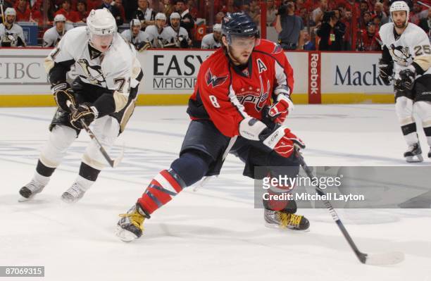 Alex Ovechkin of the Washington Capitals skates with the puck during Game Five of the Eastern Conference Semifinals of the 2009 NHL Stanley Cup...