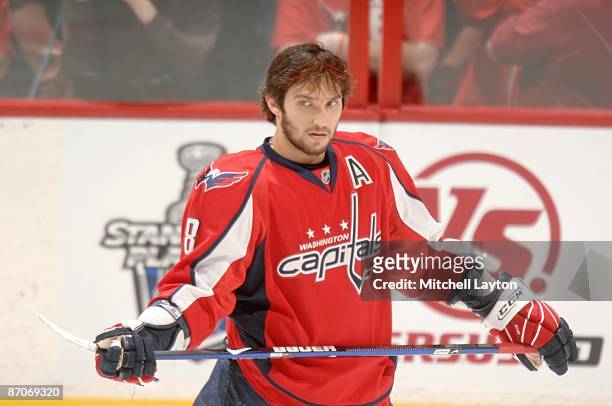 Alex Ovechkin of the Washington Capitals looks on before Game Five of the Eastern Conference Semifinals of the 2009 NHL Stanley Cup Playoffs against...