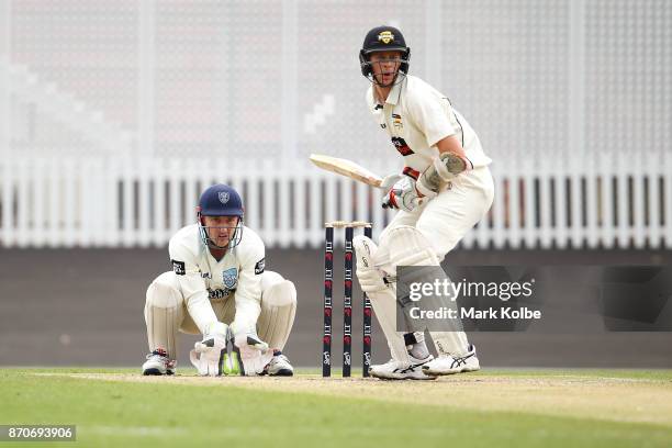 Peter Nevill of the Blues keeps wicket as Jason Behrendorff of the Warriors bats during day three of the Sheffield Shield match between New South...