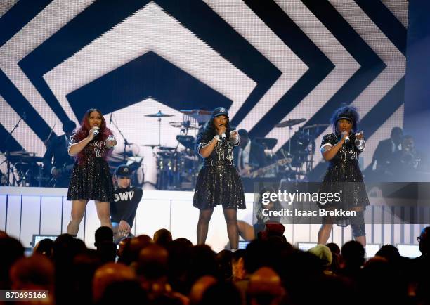 Leanne 'Lelee' Lyons, Cheryl 'Coko' Gamble, and Tamara 'Taj' Johnson of SWV perform onstage at the 2017 Soul Train Awards, presented by BET, at the...