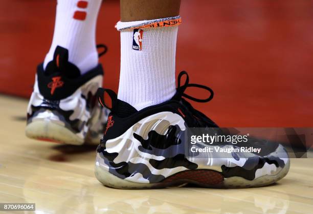 The shoes worn by Markieff Morris of the Washington Wizards during the first half of an NBA game against the Toronto Raptors at Air Canada Centre on...
