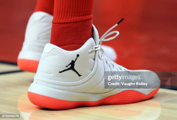 The shoes worn by Lucas Nogueira of the Toronto Raptors during the first half of an NBA game against the Washington Wizards at Air Canada Centre on...