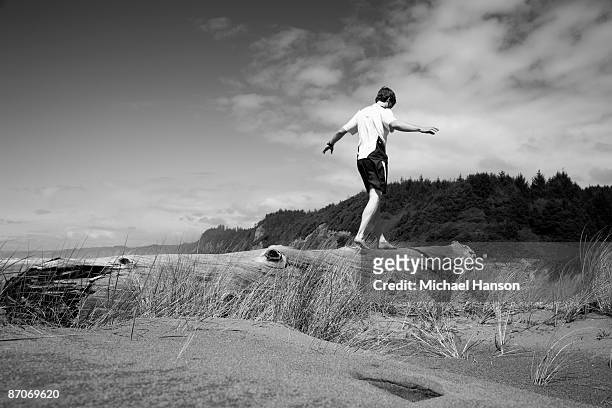 a man balances on a log near the beach in redwoods national park, california. - michael marsh stock pictures, royalty-free photos & images