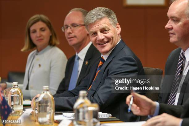 Leader of the opposition, Bill English, looks on during a meeting with German President Frank-Walter Steinmeier at Parliament on November 6, 2017 in...